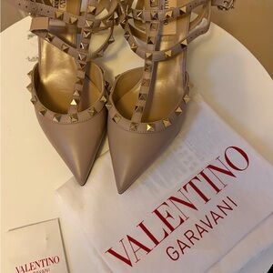 Valentino Taupe Rockstud Pointed-Toe T-Strap Heels